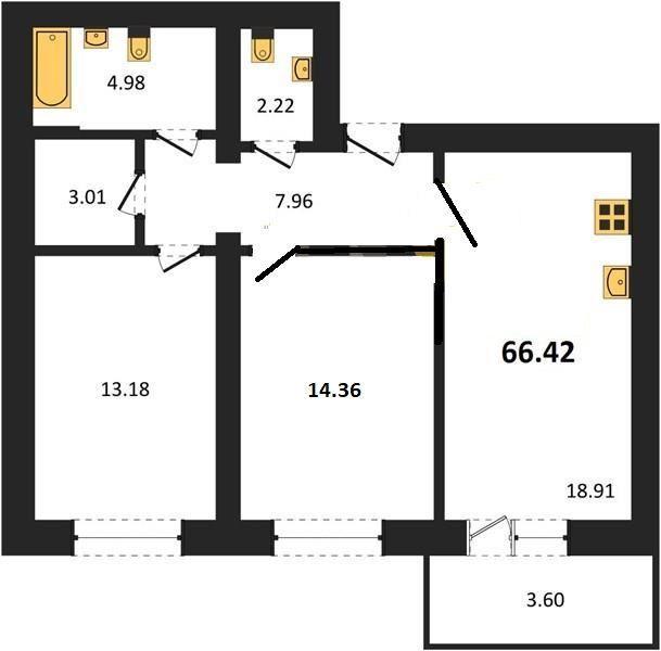 2-комнатная квартира, 66.42 м2