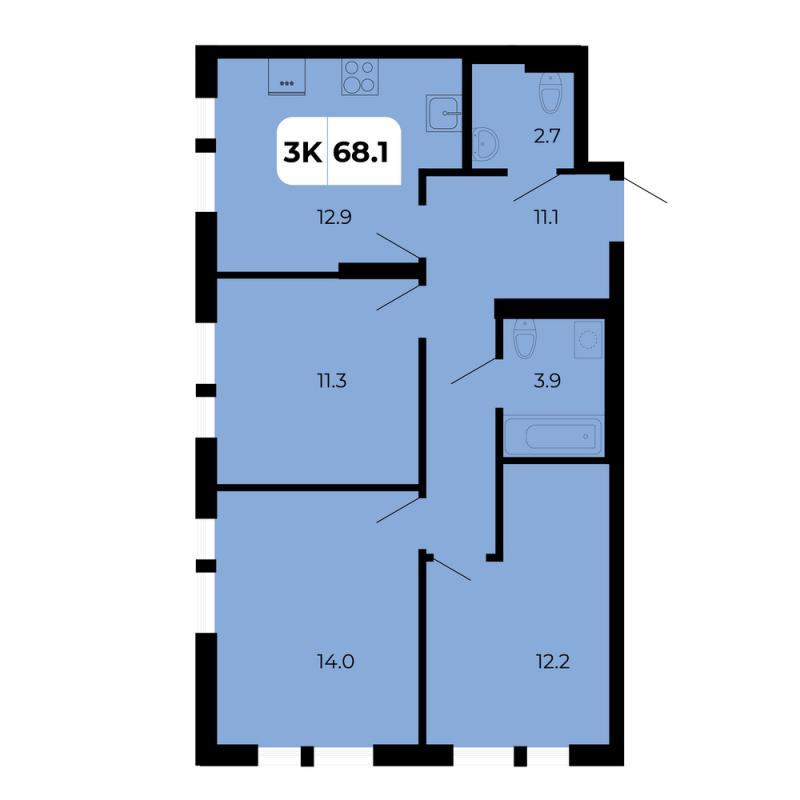 3-комнатная квартира, 68.1 м2