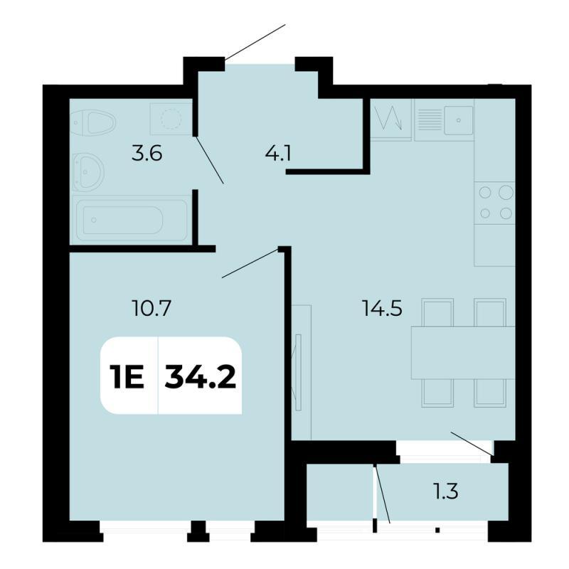 1-комнатная квартира, 34.2 м2