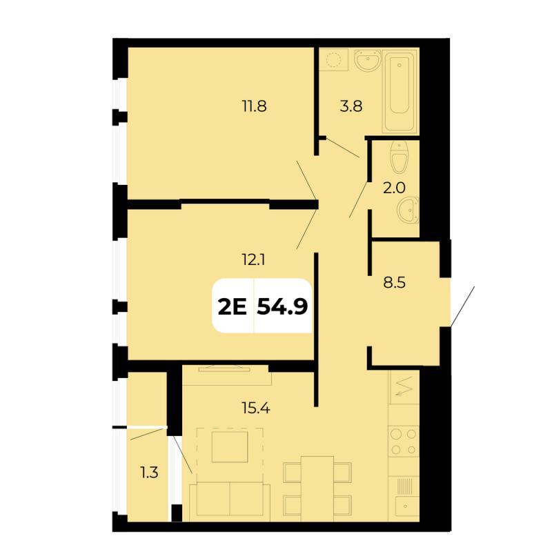 2-комнатная квартира, 54.9 м2