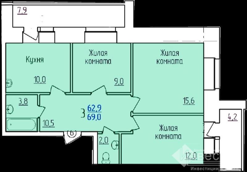 3-комнатная квартира, 69 м2