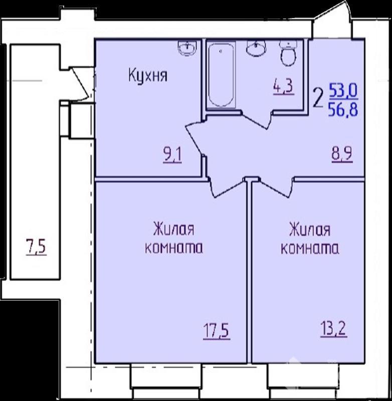 2-комнатная квартира, 56.8 м2