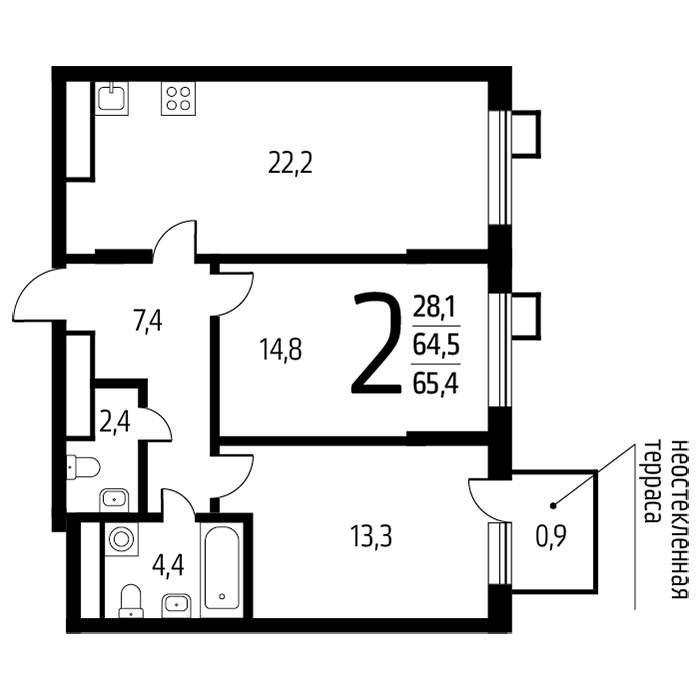 2-комнатная квартира, 65.4 м2