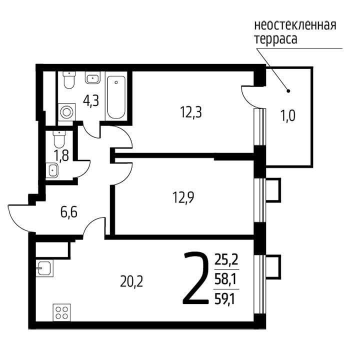 2-комнатная квартира, 59.1 м2