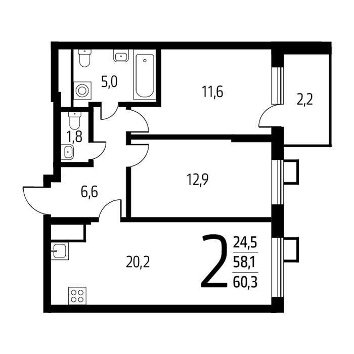 2-комнатная квартира, 60.3 м2