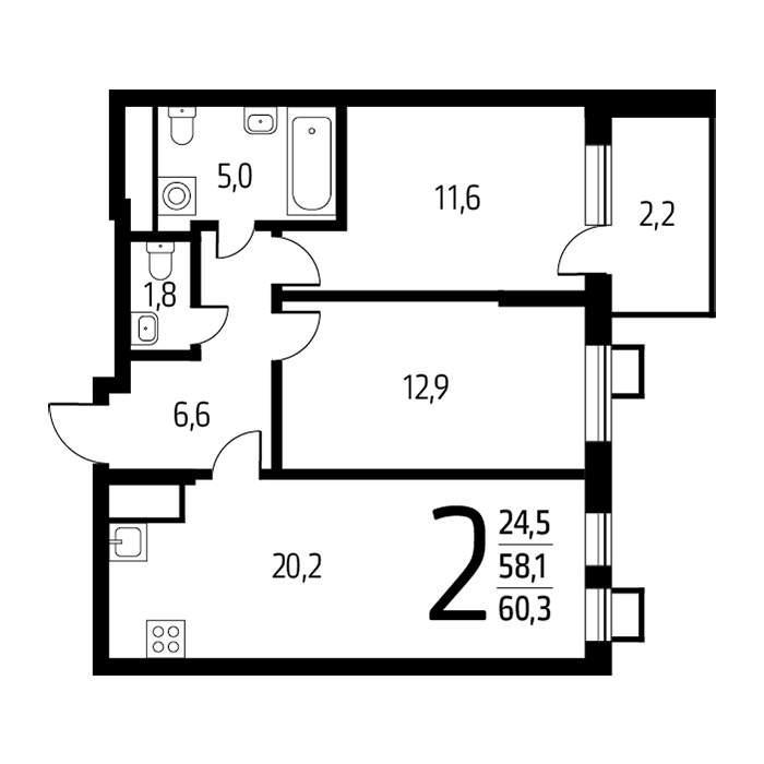 2-комнатная квартира, 60.3 м2
