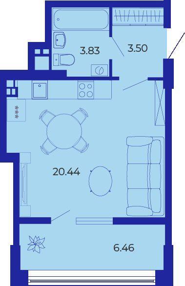 1-комнатная квартира, 34.23 м2