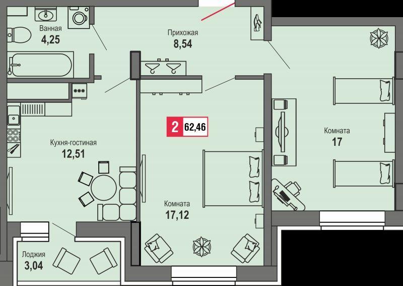2-комнатная квартира, 62.45 м2