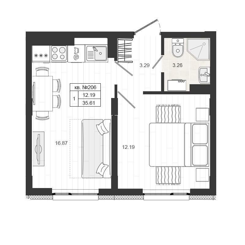1-комнатная квартира, 35.7 м2