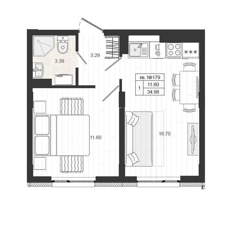 1-комнатная квартира, 35.2 м2