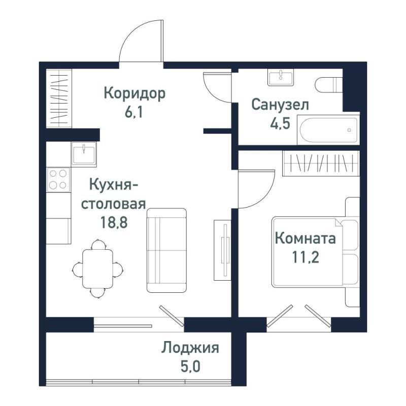 1-комнатная квартира, 40.5 м2