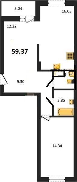 2-комнатная квартира, 59 м2