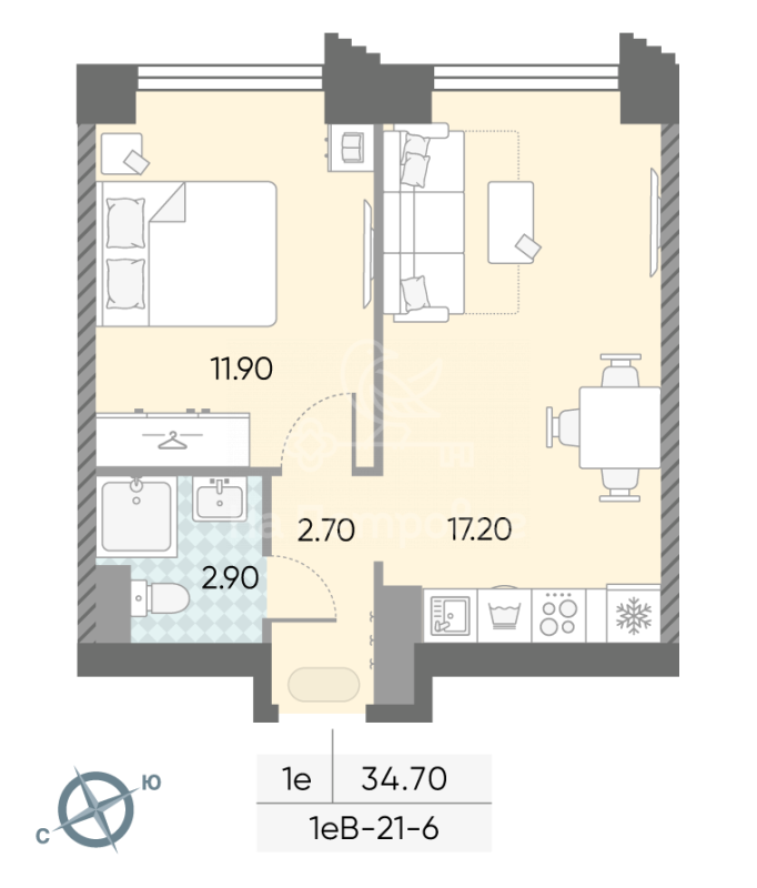 2-комнатная квартира, 34.7 м2