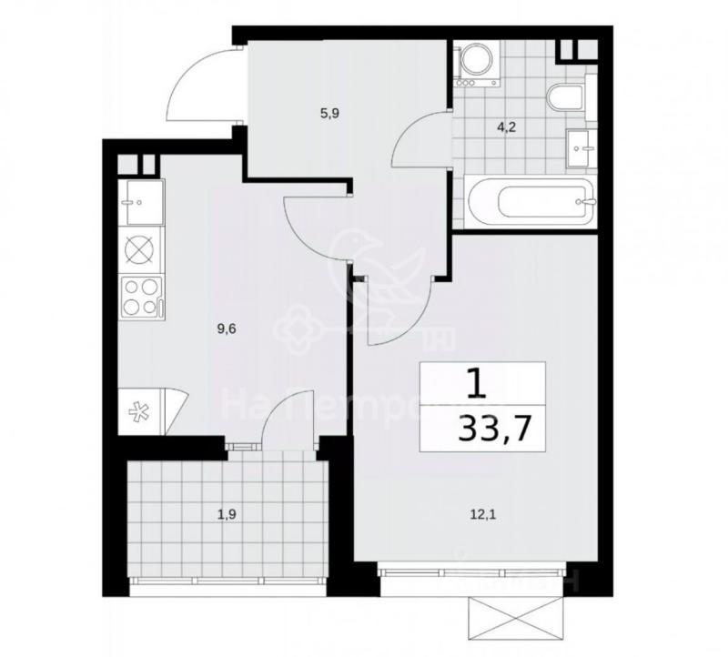 1-комнатная квартира, 33.7 м2