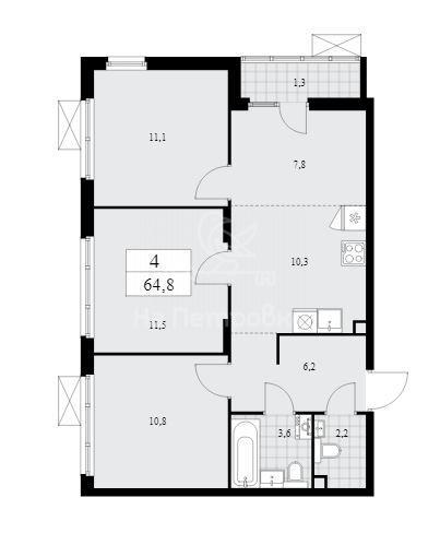 4-комнатная квартира, 65 м2