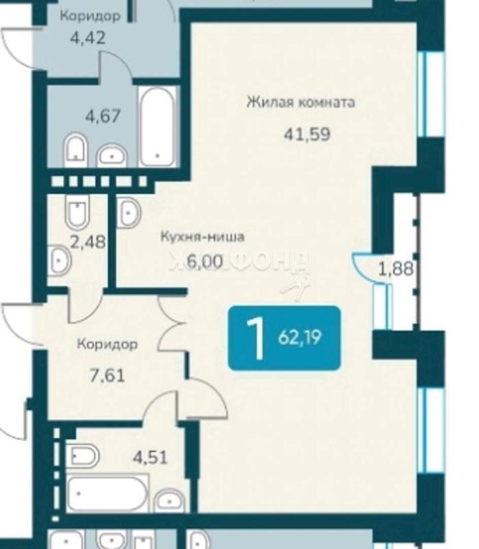 1-комнатная квартира, 62 м2