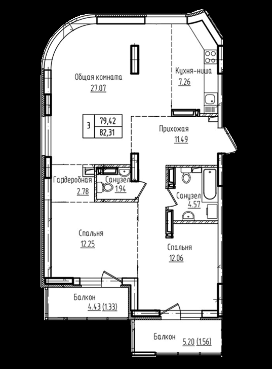 3-комнатная квартира, 82.31 м2