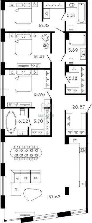 3-комнатная квартира, 154.4 м2