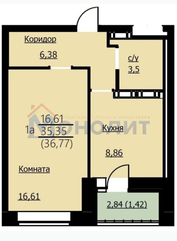 1-комнатная квартира, 36.77 м2
