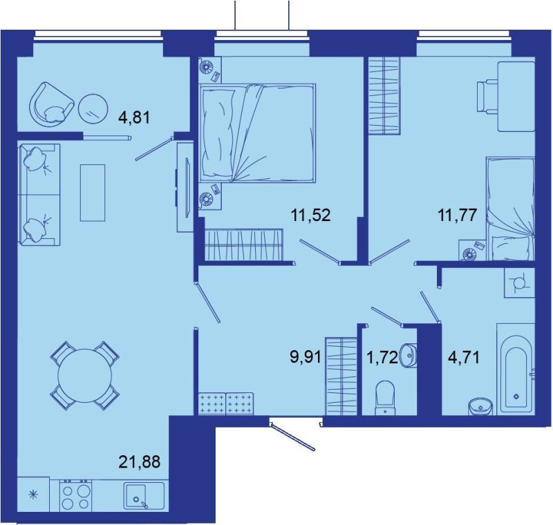 2-комнатная квартира, 66.32 м2