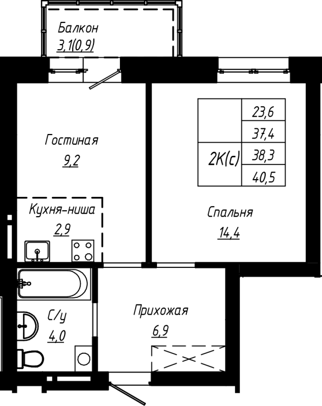1-комнатная квартира, 38.3 м2