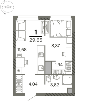 1-комнатная квартира, 29.65 м2