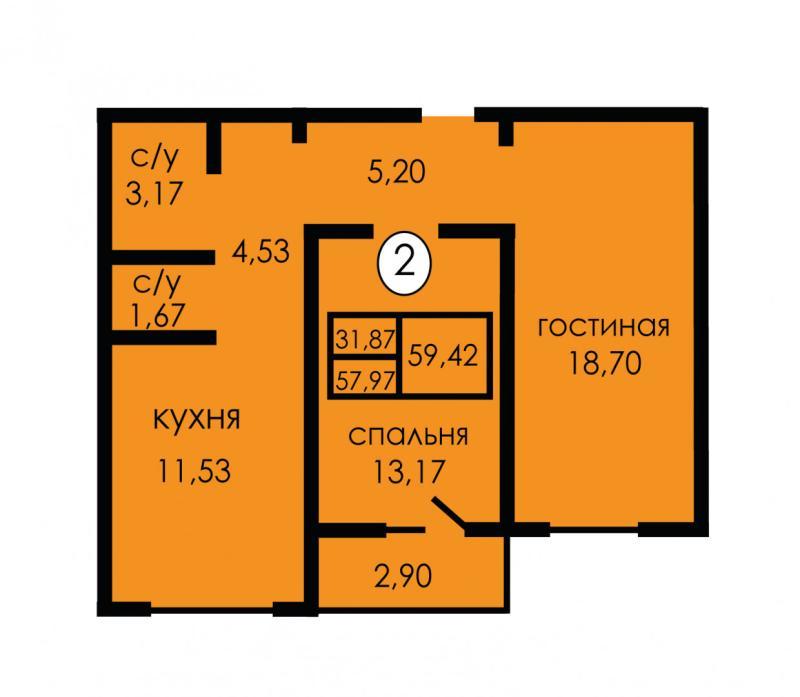 2-комнатная квартира, 59.42 м2