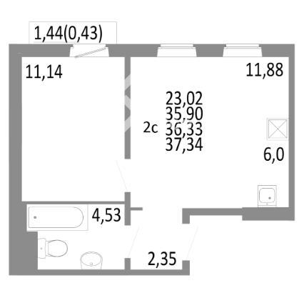 2-комнатная квартира, 37.34 м2