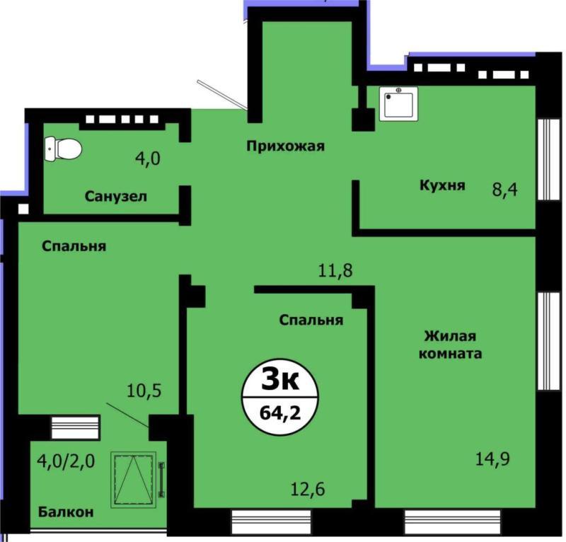3-комнатная квартира, 64.2 м2