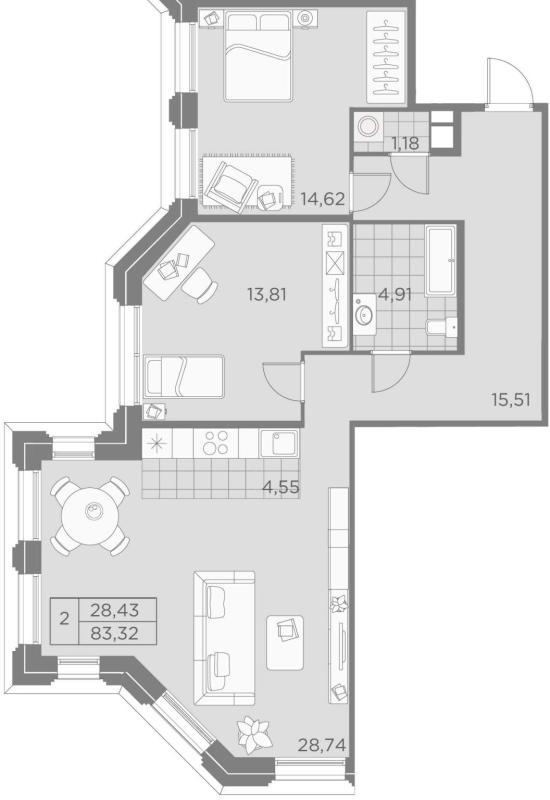 2-комнатная квартира, 83.32 м2
