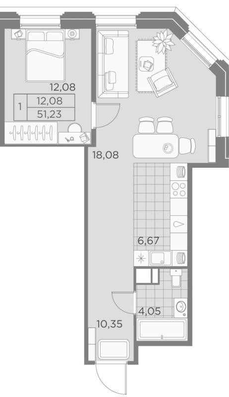 1-комнатная квартира, 51.23 м2