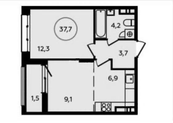 2-комнатная квартира, 37.7 м2