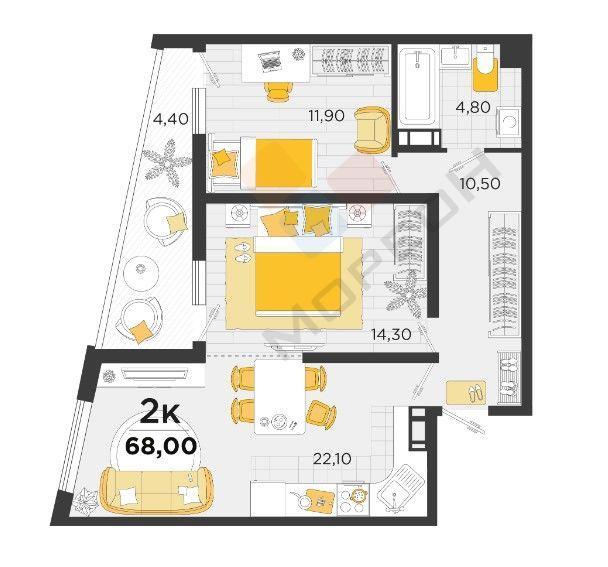 2-комнатная квартира, 68 м2