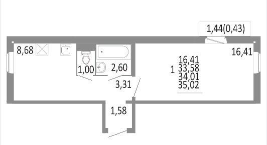 1-комнатная квартира, 33.58 м2