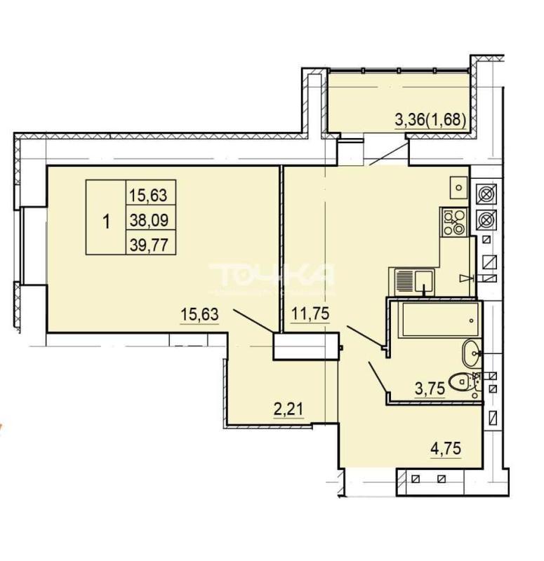 1-комнатная квартира, 39.77 м2