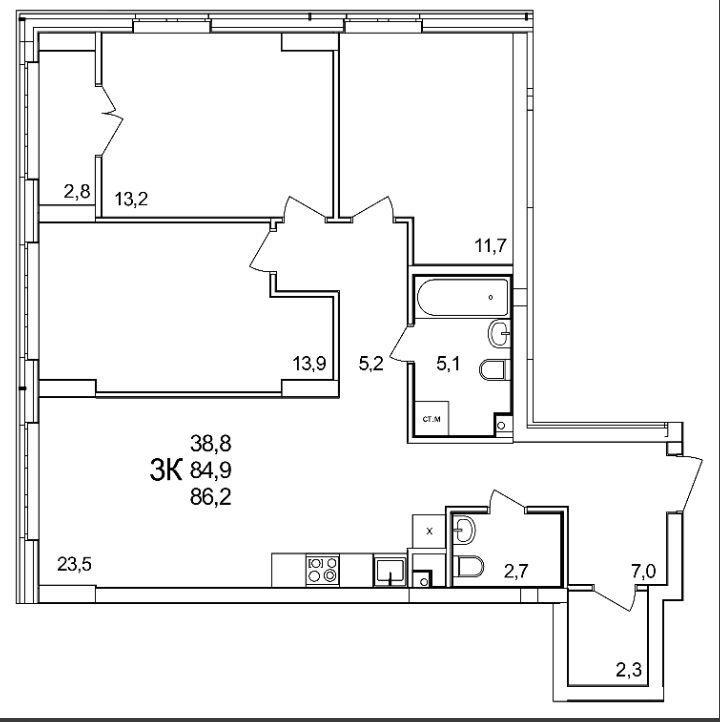 3-комнатная квартира, 86.2 м2