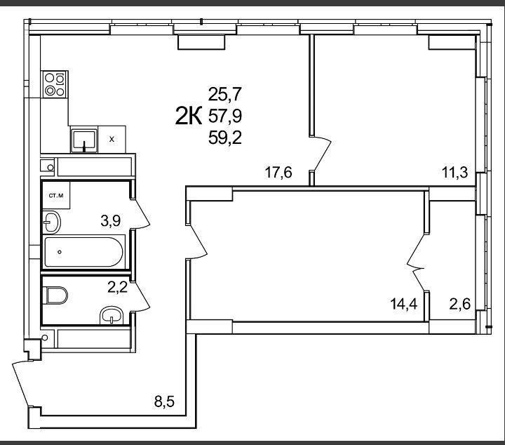 2-комнатная квартира, 59.2 м2