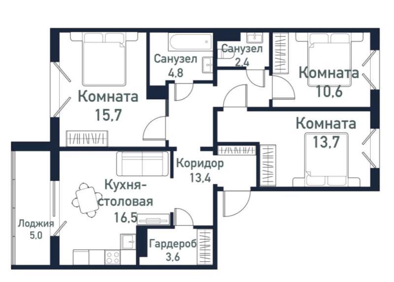 2-комнатная квартира, 80.6 м2