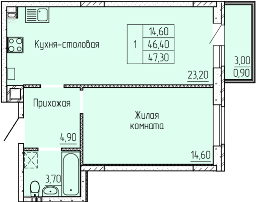 1-комнатная квартира, 47.4 м2