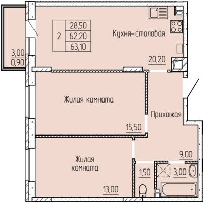 2-комнатная квартира, 63.9 м2