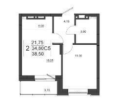 2-комнатная квартира, 38.5 м2