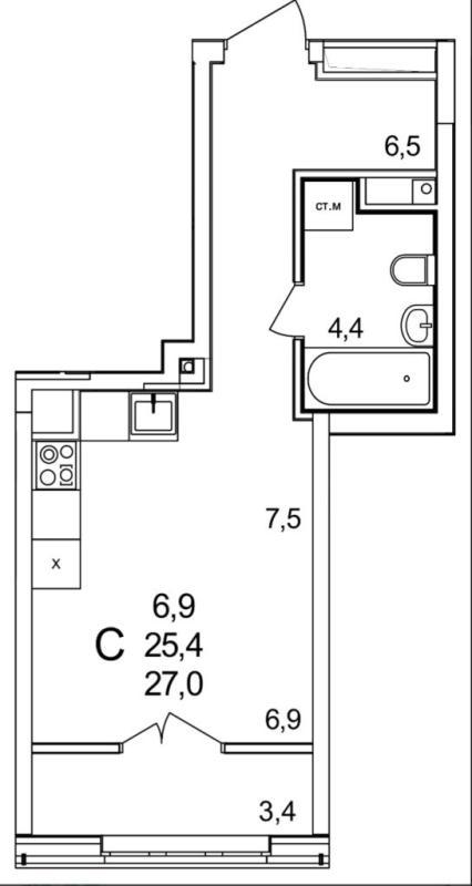 1-комнатная квартира, 27 м2