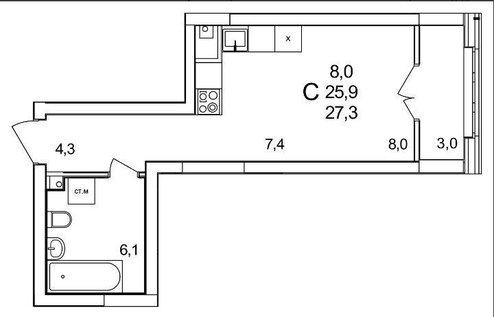 1-комнатная квартира, 27.3 м2