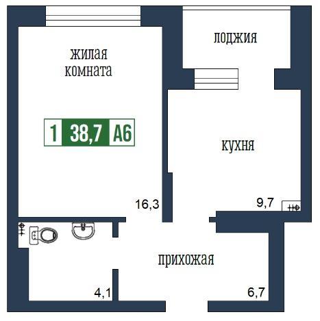 1-комнатная квартира, 38.7 м2