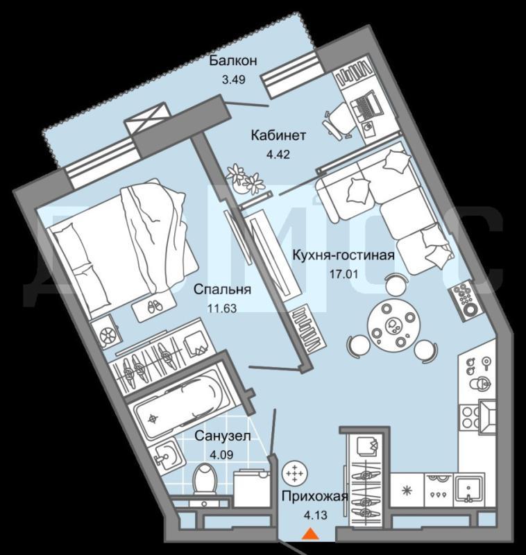 1-комнатная квартира, 44.5 м2