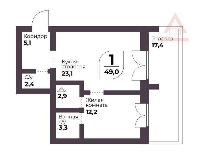 1-комнатная квартира, 49 м2