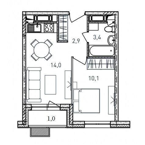 1-комнатная квартира, 31.4 м2