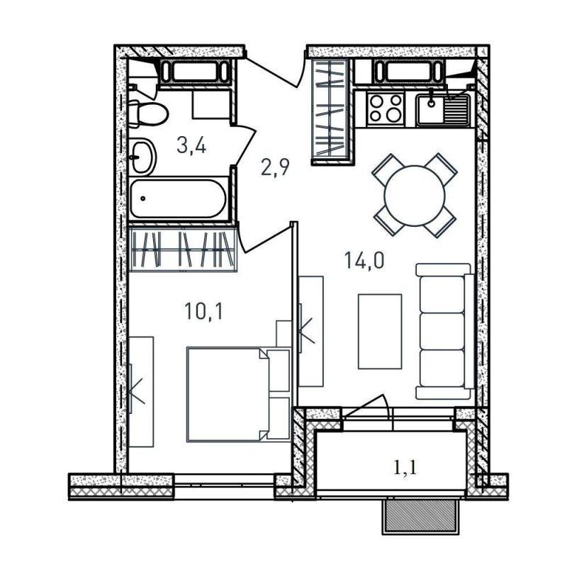 1-комнатная квартира, 31.5 м2