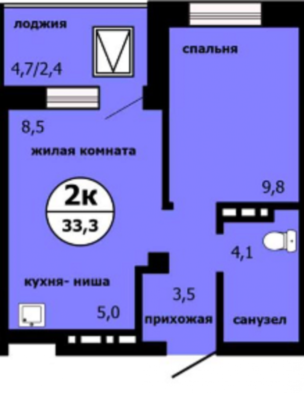 2-комнатная квартира, 33.3 м2