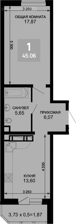 1-комнатная квартира, 44.8 м2